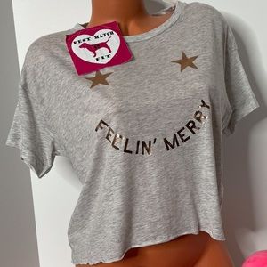 PINK Victoria’s Secret S T-shirt Cropped Crewneck Holiday Shine Feelin’ Merry
